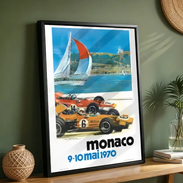 Vintage 1970 Monaco Grand Prix F1 Racing Poster, Retro Motorsport Wall Art Canvas Print with Race Car & Sailboat, Home Decor for Garage Man Cave, Gift for F1 Enthusiasts