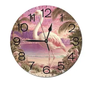 Beach Flamingo Wall-Clock for Girls Bedroom Analog Battery Operated 10 Inch - Round PVC Wall Clock Silent Non-Ticking Bathroom Bedroom Decor
