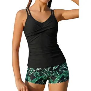 Tween Girls Tankini Swimsuit 2 Piece Bathing Suit Criss Cross Ruched Girl Swimwear with Chest Pad 8-16 Years