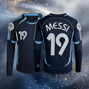 2006 Away Blue No.19 Messi Long Sleeve Soccer Jersey Fans Version