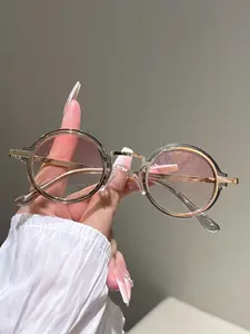 Women's Luxurious Small Round Frame Fashion Glasses, Simple Trendy Patchwork Design, Vintage Style Decorative Eyewear