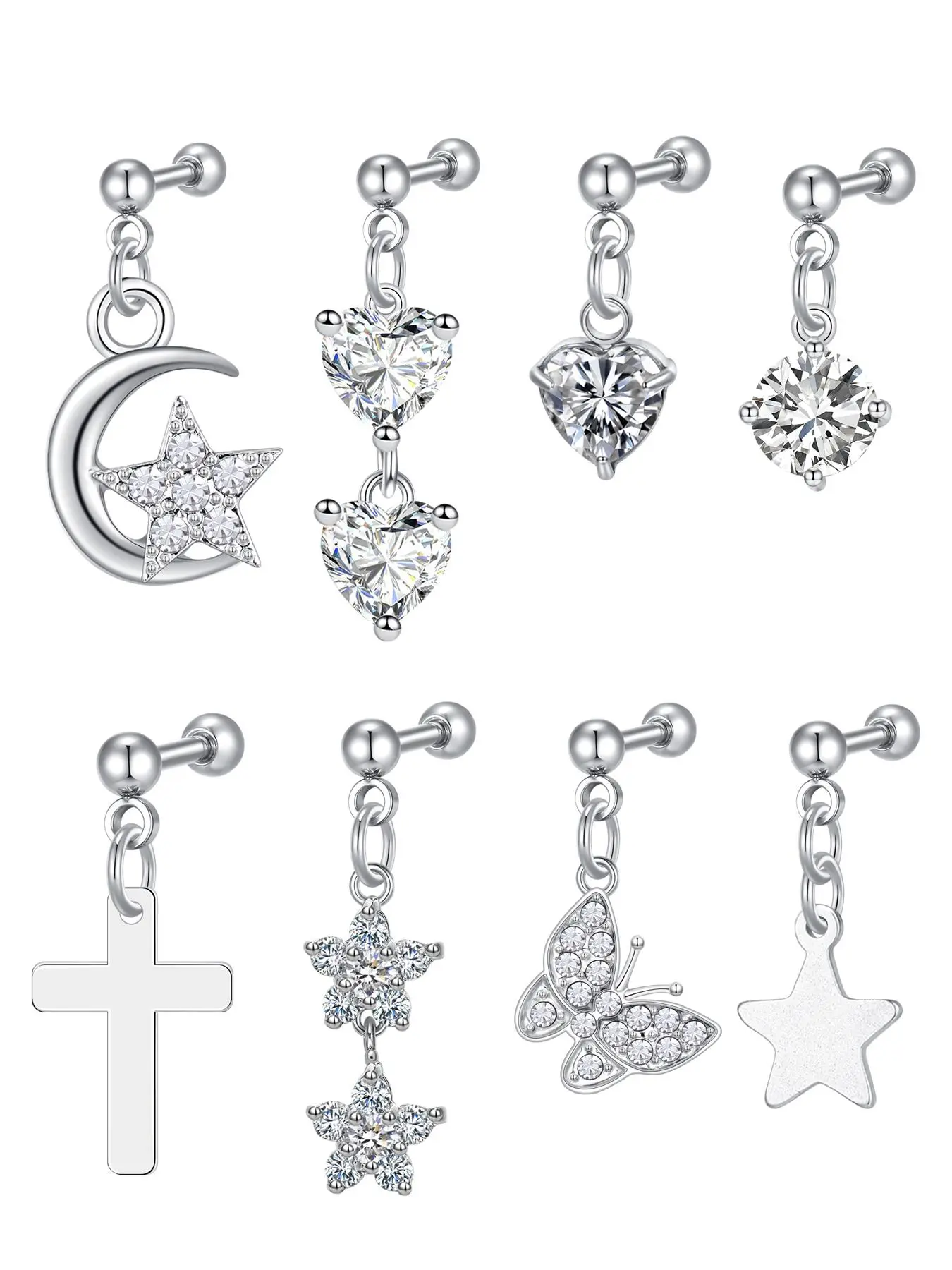 Cute Cartilage Earring Stud Dangle, Helix Piercing Jewelry for Women, Stainless Steel CZ Tragus Piercing Jewelry, Star Heart Butterfly Cross Stud Earrings, Versatile Earrings, Earring Set, Fashion Jewelry Earrings, Earring Stacking Set