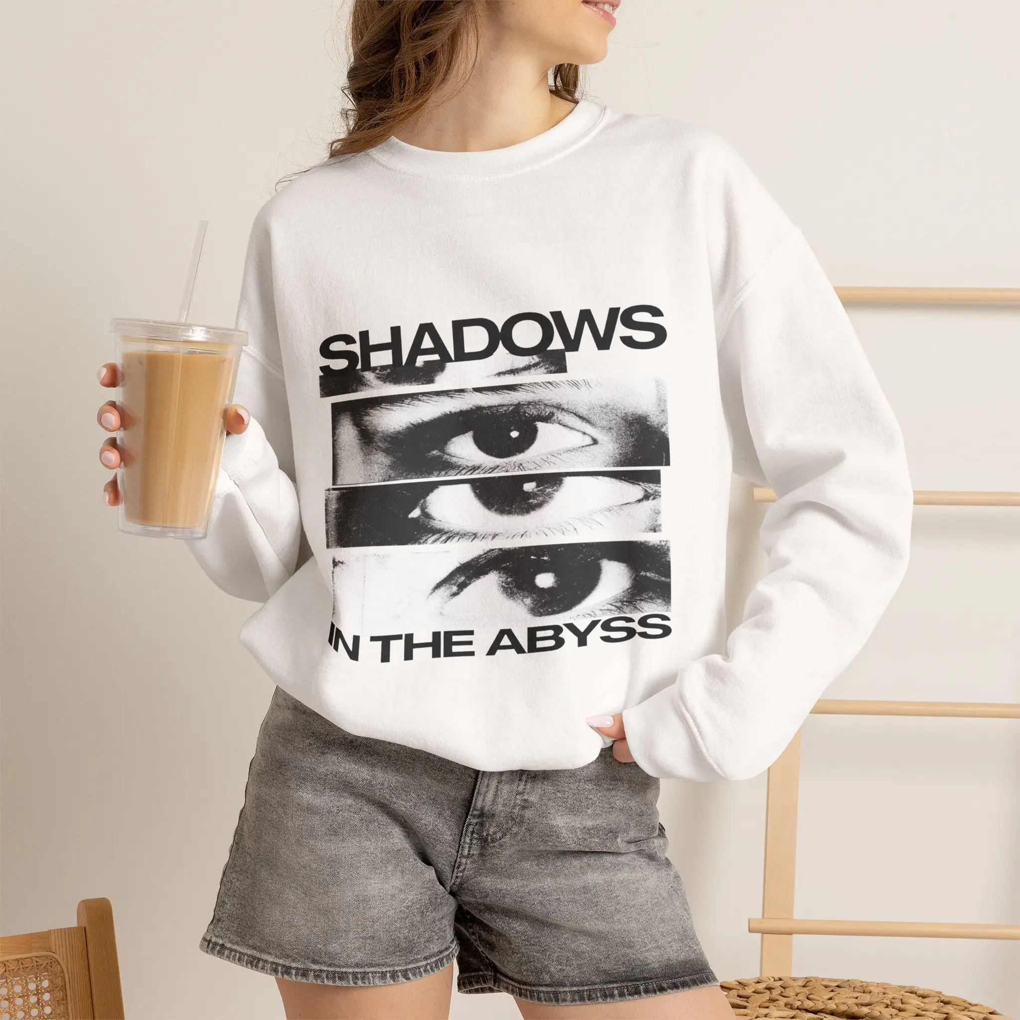 Shadows in the Abyss crewneck sweatshirt | Eye collage graphic Black Embroidered