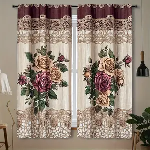 2-Pack Elegant Floral Curtains - Blackout Curtains, Beige/Brown/Red/White/Grey/Black/Green/Blue/Purple/Pink/Gold - Transparent Privacy, Machine Washed Polyester Curtains for Living Room, Bedroom, Kitchen, Home Decoration Curtain