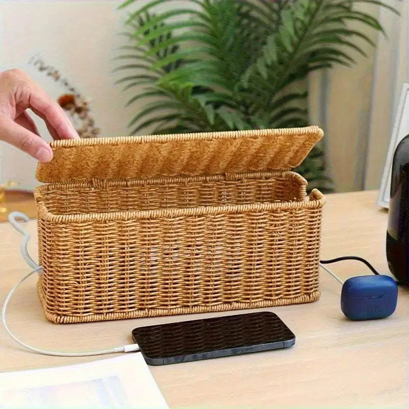 Hand-Woven Rattan Cable Organizer Box - Durable PE Material, Pastoral National Wind Design with Lid, Divided Compartments, Multi-Compartment Storage for Power Cords, Data Cables, and Chargers