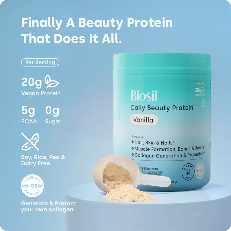 Biosil Daily Beauty Protein Powder, Vanilla - 20g Vegan Protein, 0g Sugar, with Patented ch-OSA Silicon for Hair, Skin and Nails, 15 Servings