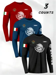 Men's Long Sleeve T-Shirt Set, Mexican Culture Symbol Design, Gym Training, Outdoor Running, Daily Wear, Patriotic Events