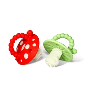Soft Silicone Baby Teether Toy for 3+ Months – Massaging Bristle Pacifier for Teething Relief, Hands-Free Easy-Grip Chompy Teether to Soothe Sore Gums, BPA-Free (Red/Green)