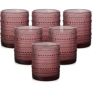 Glassware Drinking Glasses Set of 6,12 oz Hobnail Glass Cups,Embossed Purple Water Tumbler,for ,,,Juice and Various Mixed Drinks- 1 Cleaning Brush