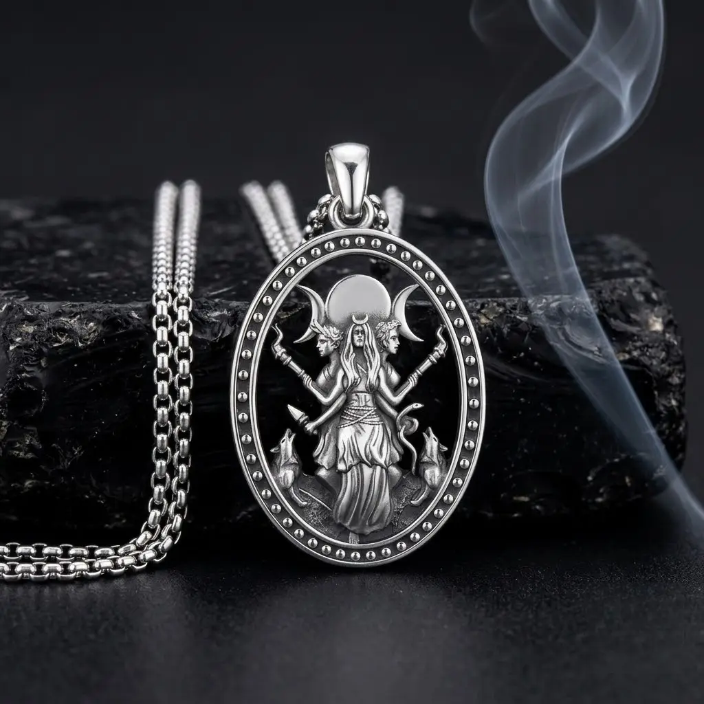 Hecate Goddess Statement Necklace for Women, Elegant Silver Tone Oval Witch Jewelry, Spiritual Faith Amulet as a Meaningful Gift, Accessories For Women, Witchcraft Aesthetic, Exquisite Chain Jewelry, Talisman, Witchy Stuff, Cool Women Gifts