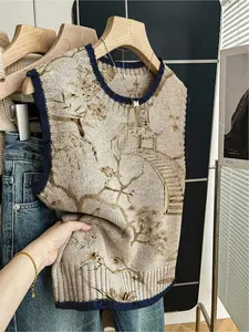 1 piece + Spring and summer back-to-school casual style loose round-neck sleeveless woolen knitted top with dark blue border patchwork color ink-wash painting print, women's outerwear for women, paired with a vest, worn alone