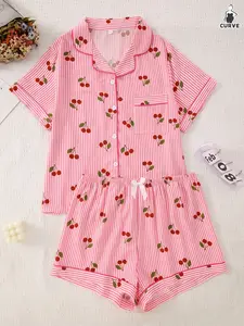 Women's Plus Size Bubble Pleated Homewear Set, Striped Small Cherry Print Short Sleeve Shorts, Button Front Sleepwear