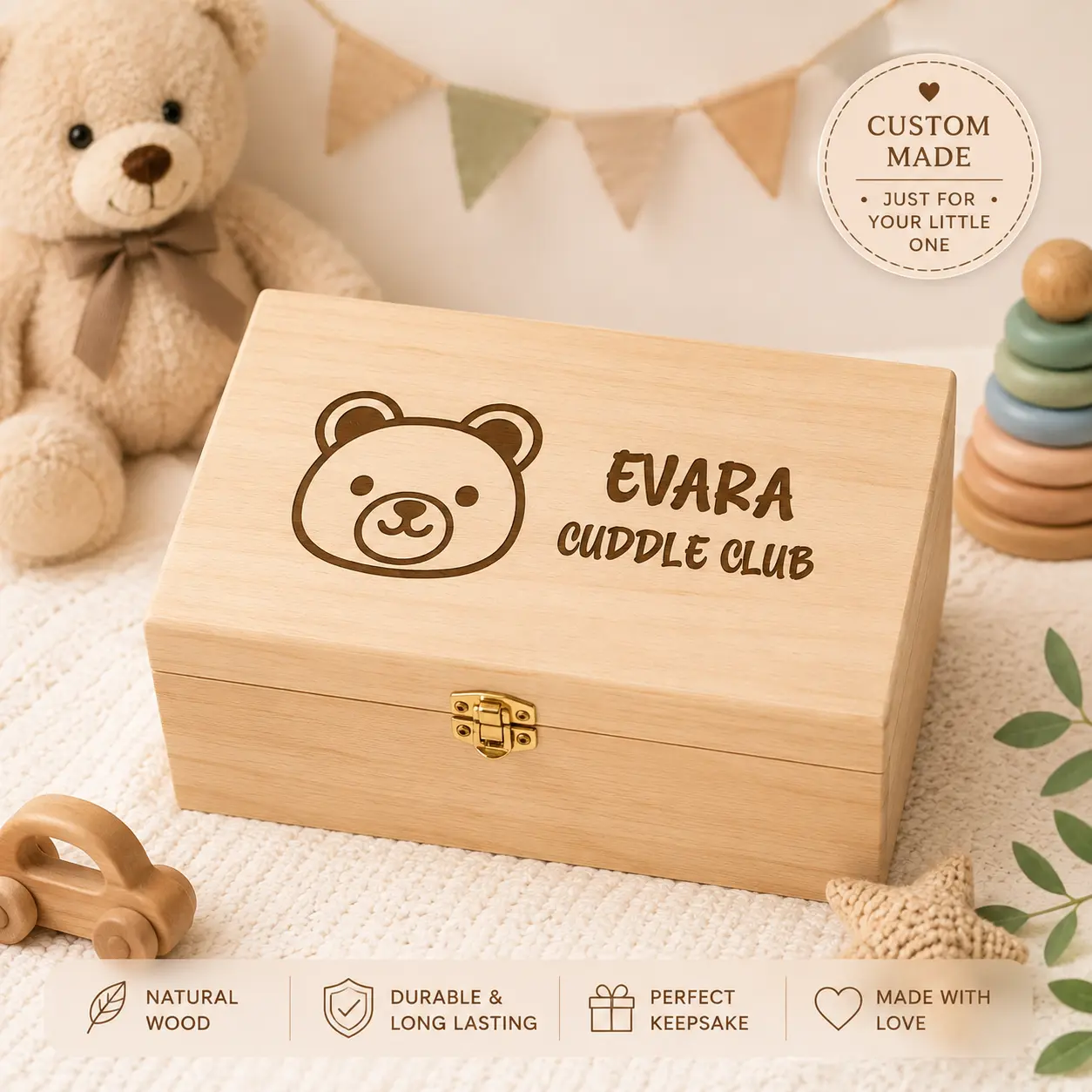 Personalized Custom-Engraved Wooden Keepsake Box for Kids, Children's Toy Storage Box, Baby Nursery Home Organizer Gift
