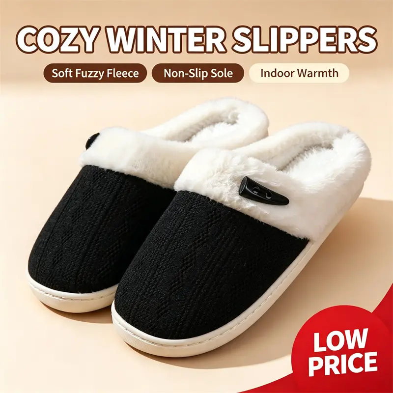 Women's Cable Knit Open Heel Mules - Round Toe, Casual Chic, Open Back, Slip-On Slippers with Thick Plush Fleece Lining, Anti-Slip Durable Sole, Lightweight for All-Day Cozy Indoor Use Footwear