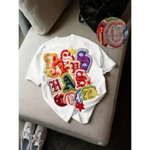 Colorful Varsity Letter Patch Graphic Tee Women Oversized Streetwear Crewneck Short Sleeve Loose Fit Soft Cotton Casual Summer Outfit Top