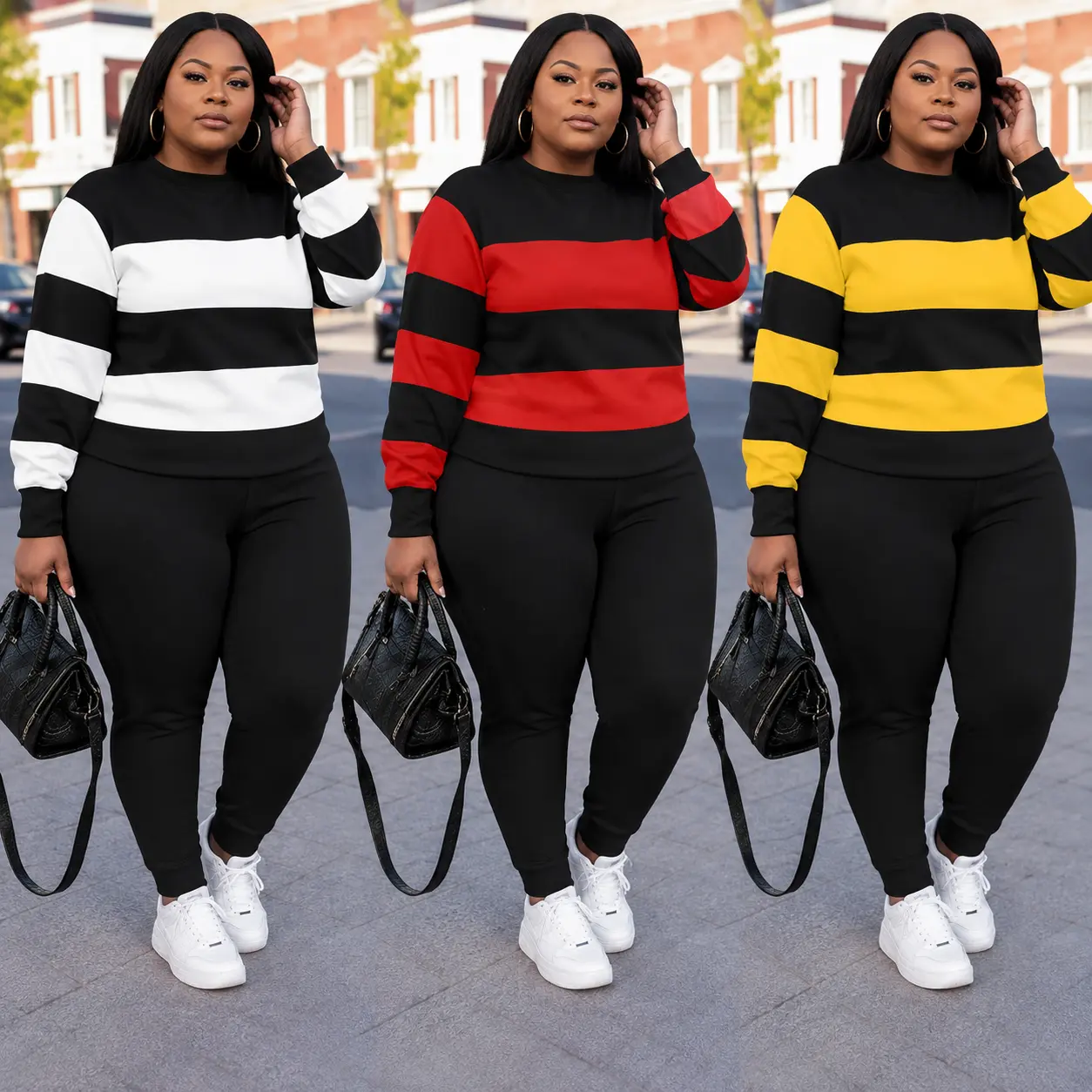 Women's Plus Size 2-Piece Striped Outfit Set, Long Sleeve Round Neck Top and Slim-Fit Pants, Casual Color Block Tracksuit for Fall & Winter