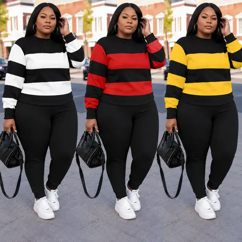 Women's Plus Size 2-Piece Striped Outfit Set, Long Sleeve Round Neck Top and Slim-Fit Pants, Casual Color Block Tracksuit for Fall & Winter