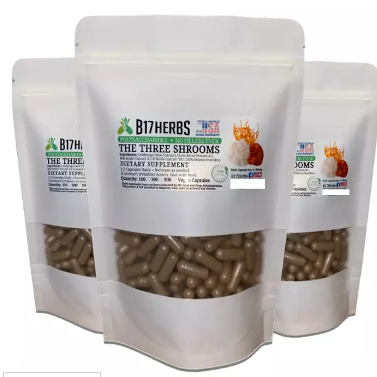 Three Mushroom Blend - Lions Mane, Red Reishi, Cordyceps - 500mg- 100 Veggie Caps