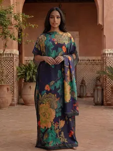 Women's Elegant Chic Floral Print Robe Set, Spring Summer Thin Light Loose Fit Long Gown with Shawl Scarf, Beach Sun Protection Satin Silk