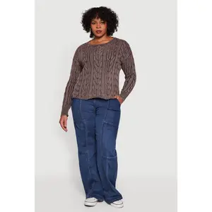 Plus Size Long Sleeve Cable Knit Crew Neck Sweater