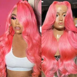 YESWIGS Body Wave HD Transparent Pink Lace Front Wigs Human Hair Hot Pink 13X4 HD Lace Frontal Wig Human Hair Wear and Go Glueless Wig Human Hair Pre Plucked with Baby Hair Colored Hd Lace Front Wigs for Black Women
