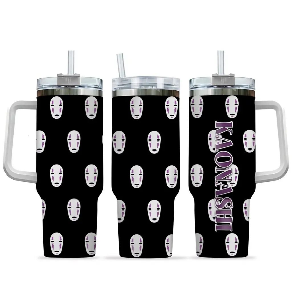 Kaonashi 40oz Anime Tumbler With Straw And Handle, Anime Cup, Anime Tumbler, Anime Lover Gift, Travel 40oz Tumbler, Stainless Steel Flask, Drinking Cup for Home Office School, Boyfriend Gift, Anime Merch