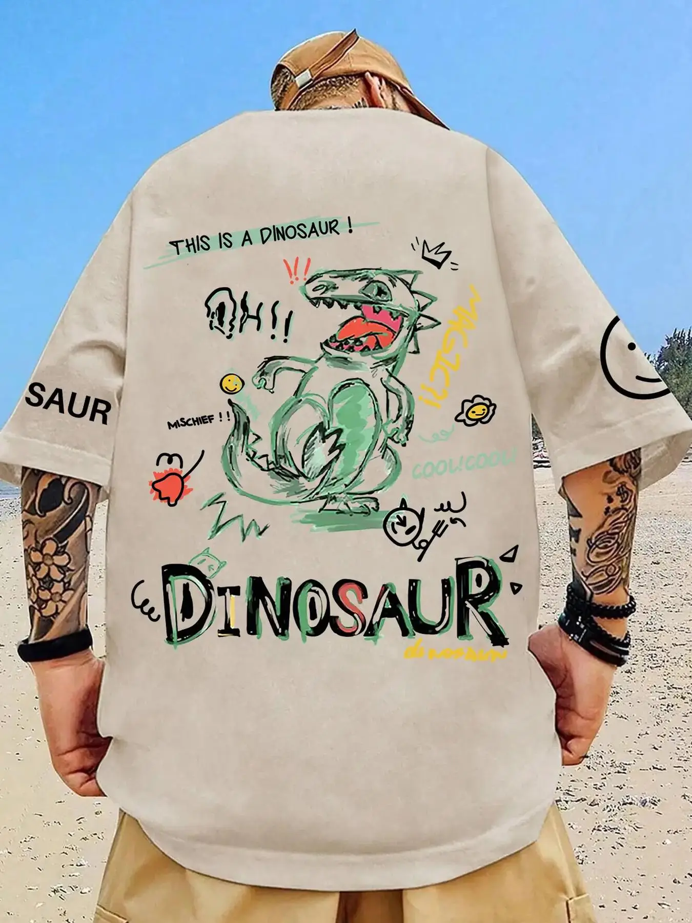 Men's Cartoon Graphic Print Round Neck Drop Shoulder Tee, Regular Fit Casual Fashion T-Shirt for Summer Daily Wear, Men's Clothes