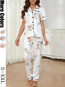 Easter Women's Sleepwear Set, Rabbit Egg Print, Holiday Party Loungewear Pajamas, Button Front Short Sleeve Top and Loose Elastic Pants