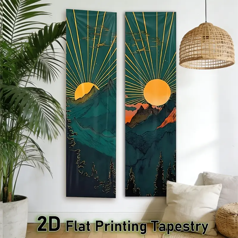 2D Flat - 2pcs Mountain Sunrise Vertical Tapestry | Tranquil Nature Scene Wall Tapestry for Bedroom | Nature-Inspired Design Long Narrow Wall Hanging for Living Room & Dorm Decor | Emerald and Golden Hues Spring Home Decoration