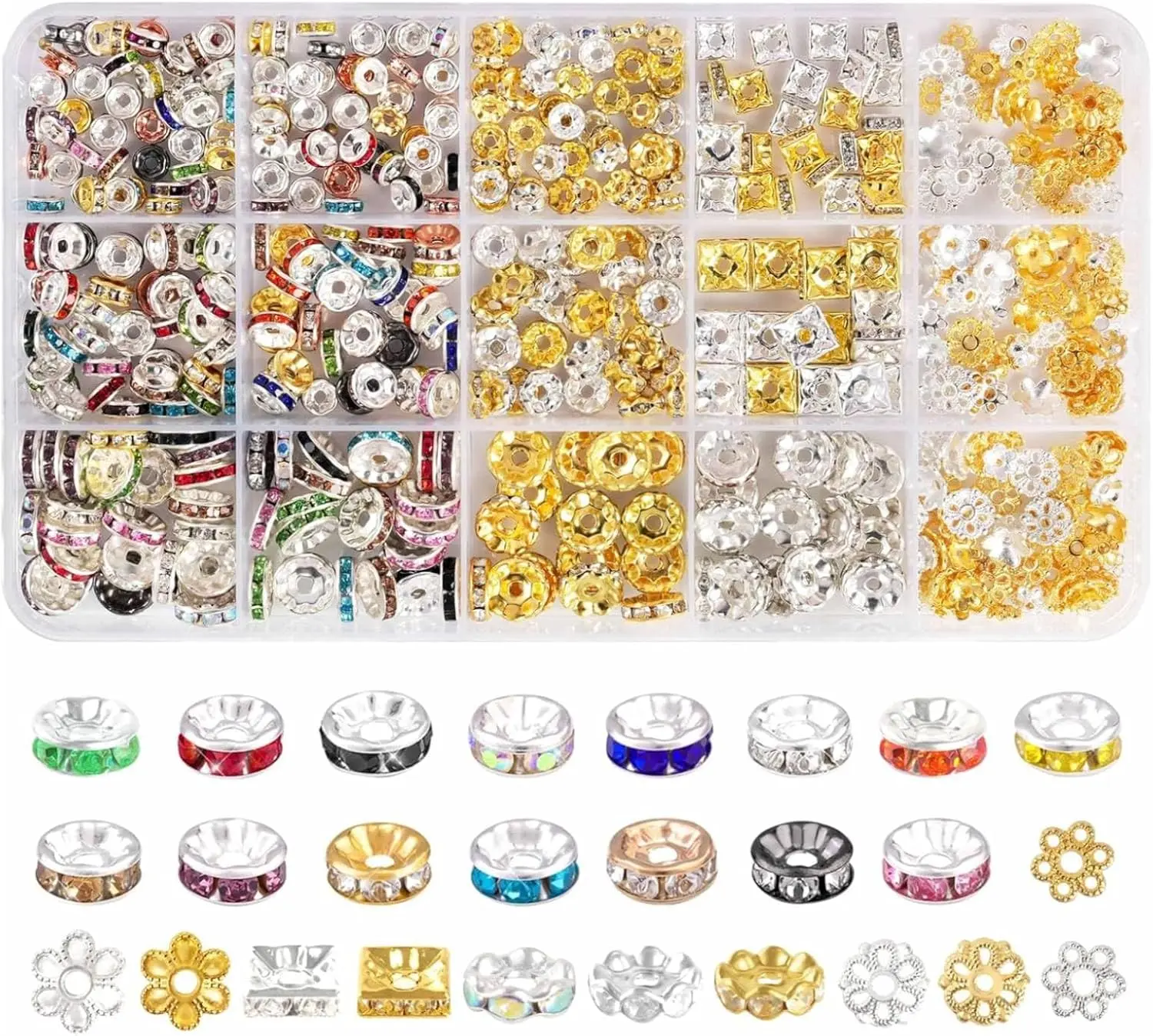 610 Pieces Rondelle Spacer Beads for Jewelry Making, Colorful Rhinestone Spacer Beads for Beaded Pens, Crystal Bead Spacers for Bracelets, Pens, DIY Crafts(6mm, 8mm, 10mm)