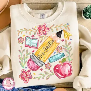 [PLS NOTE] Custom Name Teacher T-Shirt/ Sweatshirt – Boho Floral Pencil Tee, Back to School Teacher Gift, First Day of School Outfit