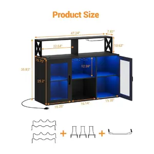 Freestanding Liquor Cabinet for Home with LED Lights Wine Bar Cabinet Coffee Bar Buffet Sideboard Storage with Wine Rack Glass Holder for Living Room Dining Room Black