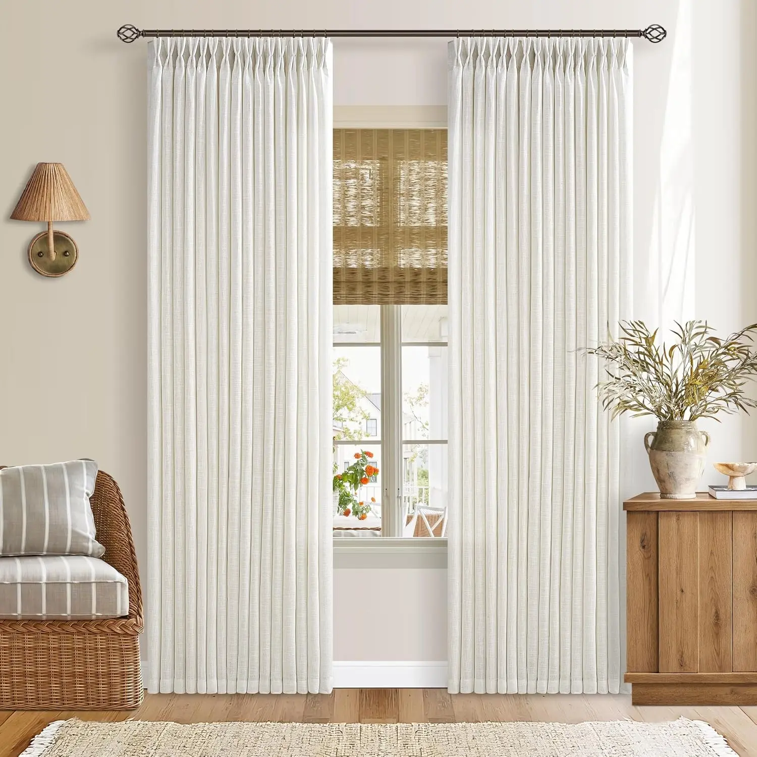 Pinch Pleated Linen Curtains 2-Panel Set, W50xL90 in, Light Filter Semi-Sheer Drapes for Living Room, Bedroom Home Supplies, Two Panels