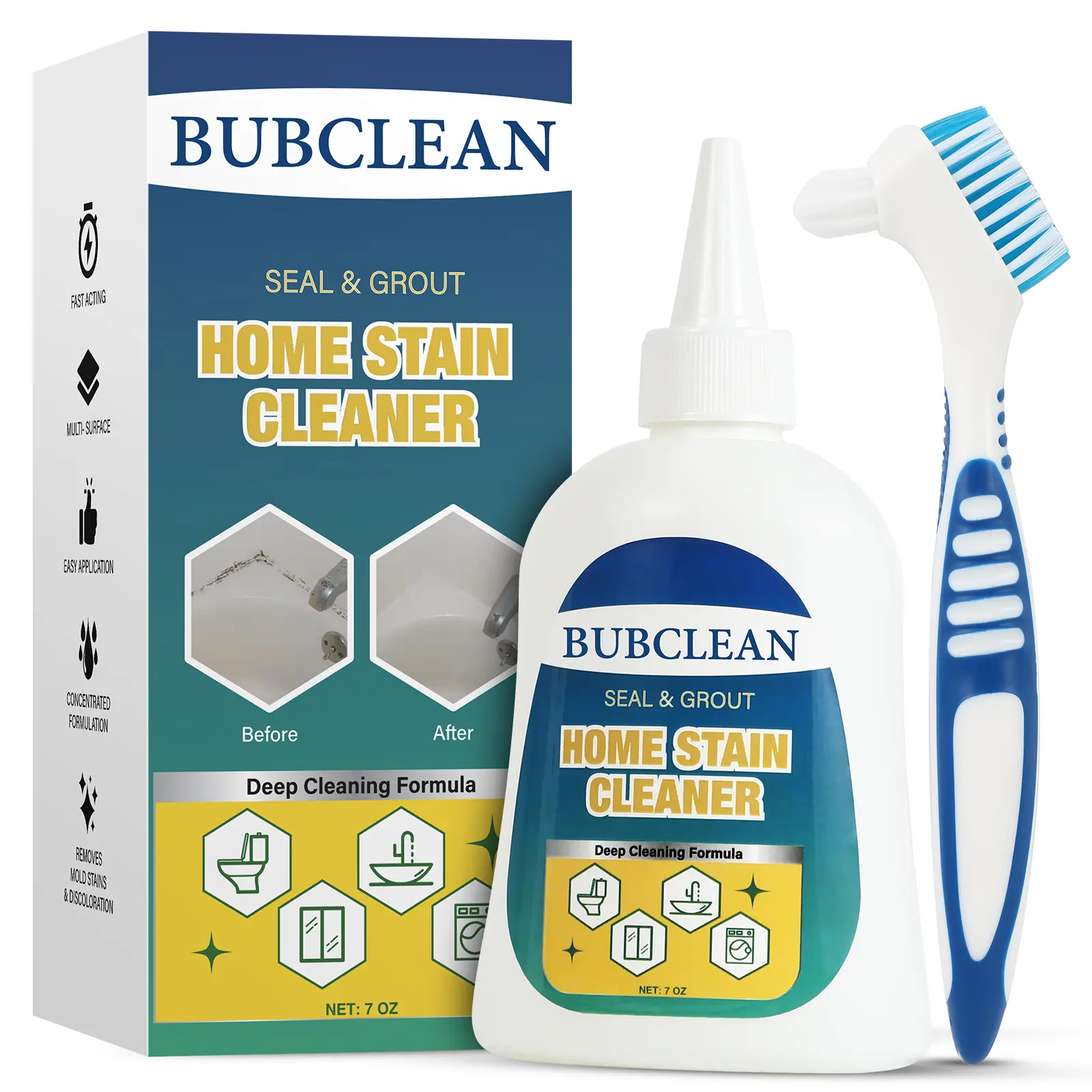 Grout Cleaner, 7oz Home Stain Remover with Brush, Deep Cleaning Formula for Tile Grout, Bathroom, Kitchen, Mold & Mildew Stains