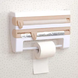 Wall Mounted Tissue Holder, 1 Count Multifunctional Wall Mounted Plastic Wrap Cutter, Durable Food Wrap Dispenser, Kitchen Storage Box