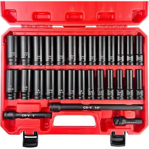 29pcs 1/2" Socket Set, Drive Deep Impact Socket Set, Including 3 ", 5", 10" Impact Extension Bar, Standard SAE (3/8 "- 1") and Metric (10mm-24mm), Cr-V Steel