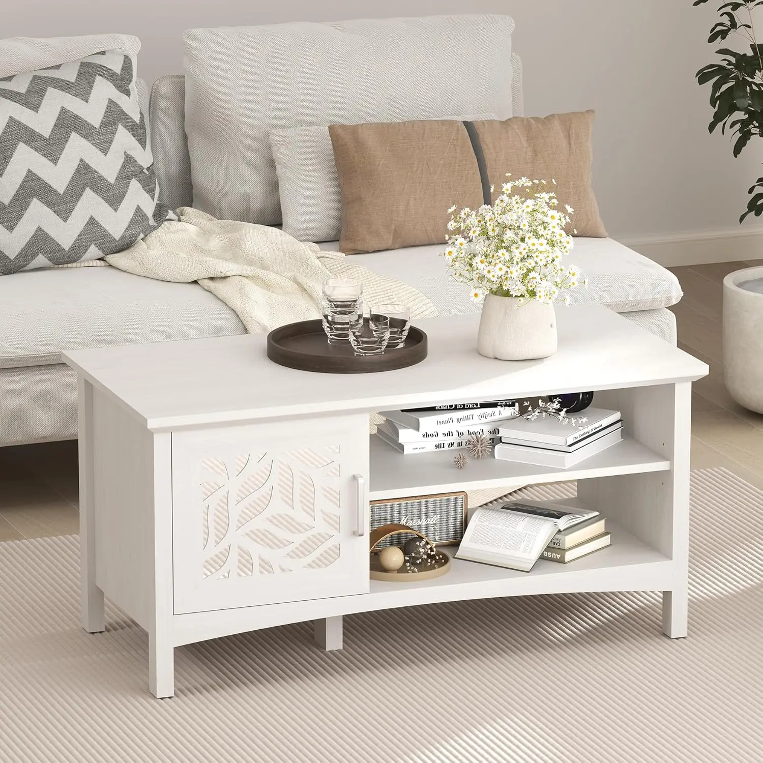 EBELLO Mirrored Side Table, Modern Center Table with Leaf Print Door, Open Shelving and Storage Compartment for Living Room