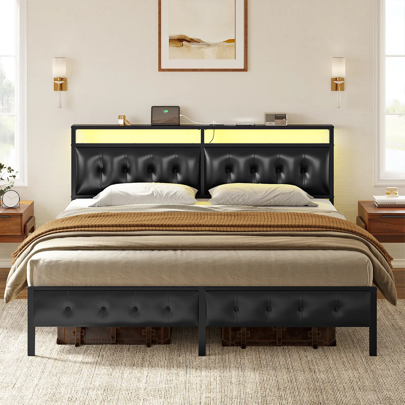 Hausneed PU LED Lights Bed Frame with Integrated Charging Station & Convenient Storage Headboard for Elevated Child's Sleep Experience