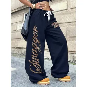 Women's Loose-Fit Sports Pants with "Swagger" Leopard Print, High-Waisted Drawstring Design, Y2K Inspired Street Style for Casual Wear