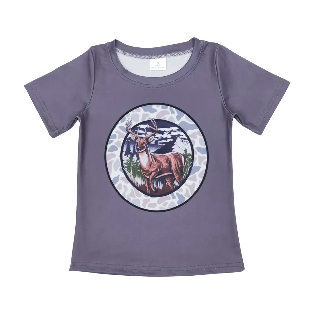 Boys' Regular Fit Short Sleeve Top, Dark Grey Camo Print Crew Neck Pullover with Moose Graphic, Slight Stretch, Machine Washable
