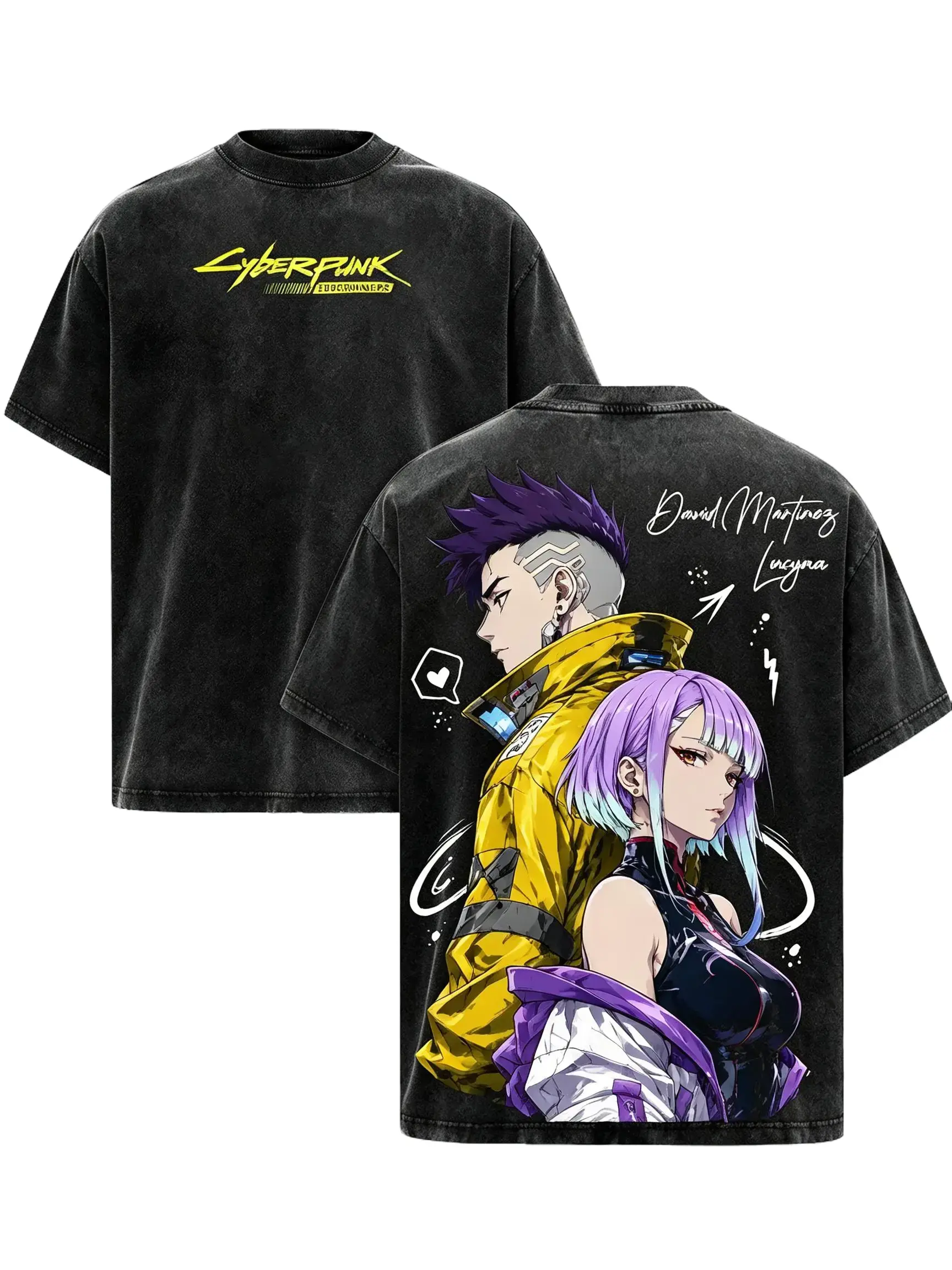 Vintage Washed Oversized Cyberpunk Edgerunners Graphic Tee, Heavy Cotton David & Lucy Anime Shirt For Men, Retro Double Printed Streetwear T-Shirt, Y2K Aesthetic Japanese Anime Merchandise, The Perfect Gift For Gamers & Otaku, TikTok Viral Apparel Tops