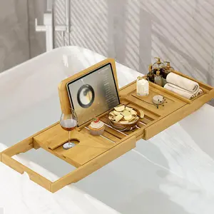 Foldable Bathtub Tray - Expandable Bamboo Bath Caddy with Wine, Book & Tablet Holder - Luxurious Bath Accessories, Perfect Spa Experience - Unique Gifts for Mom, Women, Couples, Housewarming