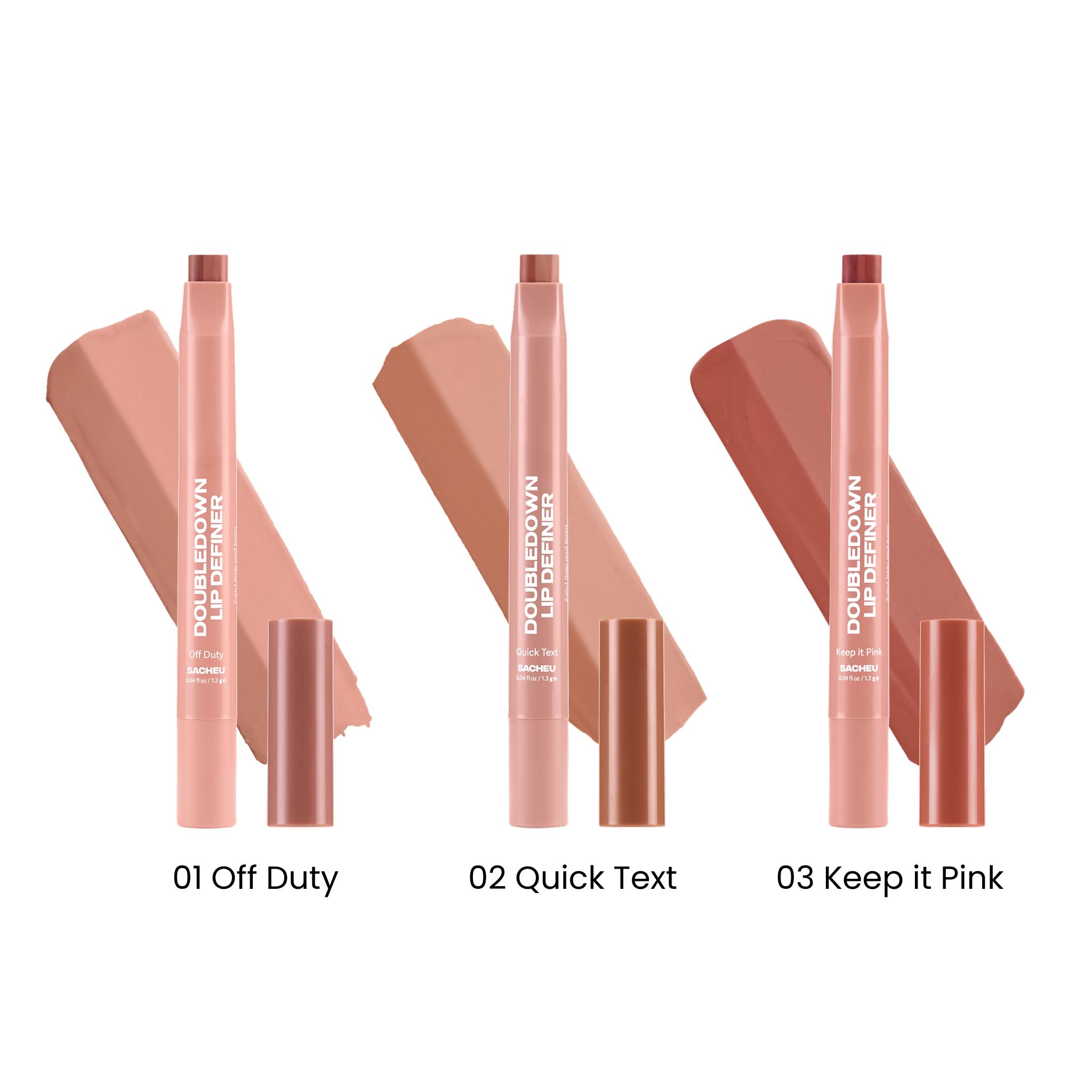 sacheu DoubleDown Lip Definer Trio - 3-Pack 2-in-1 Lip Liner & Balm Set, Long-Lasting K-Beauty Lipstick with Satin Finish, Avocado Oil & Vitamin E, Nude, Pink & Brown Shades Pigmented Lip Balm