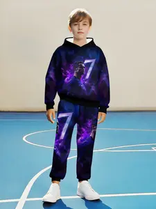 Boys Football Idol Style Hoodie Set Tracksuits, Breathable Long Pants, Comfortable Casual Sportswear, Letter Print, Perfect Birthday Gift