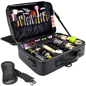 Travel Makeup Bag 16-inch Large Cosmetics Storage Bag Professional Portable PU Leather Makeup Storage Box Artist's Special Box with Adjustable Dividers and Shoulder Strap