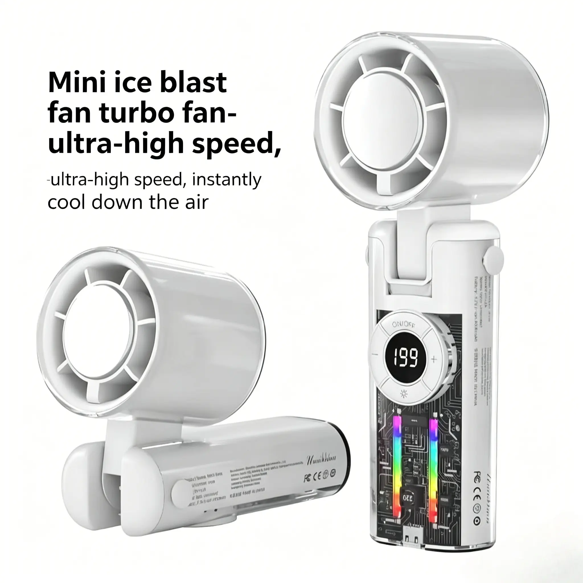 2026 Cooling Turbo Compact Portable Fan, 3600mAh Battery-Operated (Up to 12H), 199-Level Stepless Control with Digital Display, 5-in-1 Handheld/Neck/Desktop Fan for Back-to-School & Office, 400cfm Airflow