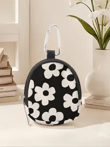 Cartoon Floral Pattern Mini Wallet, Lightweight Zipper Coin Purse with Hook Clip, Earphone Key Bag for Men and Women, All Seasons