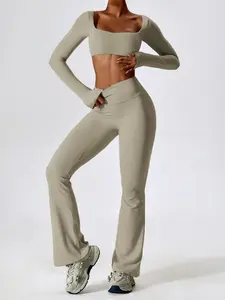 Women's Sport Yoga Two-Piece Set, Square Neck Long Sleeve Top + High Waist Pants, Slim Fit Elastic Comfort, Casual Gym Wear, Gym Athletic Clothes, Gym Training Pilates Cycling Wear, Athleisure Wear Set, Stretchable Activewear, Fitness Training Clothes