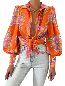 BTFBM Women Fashion Button Down Shirts V Neck Printed Solid Boho Long Sleeve Blouses Dressy Casual Summer Fall Tops