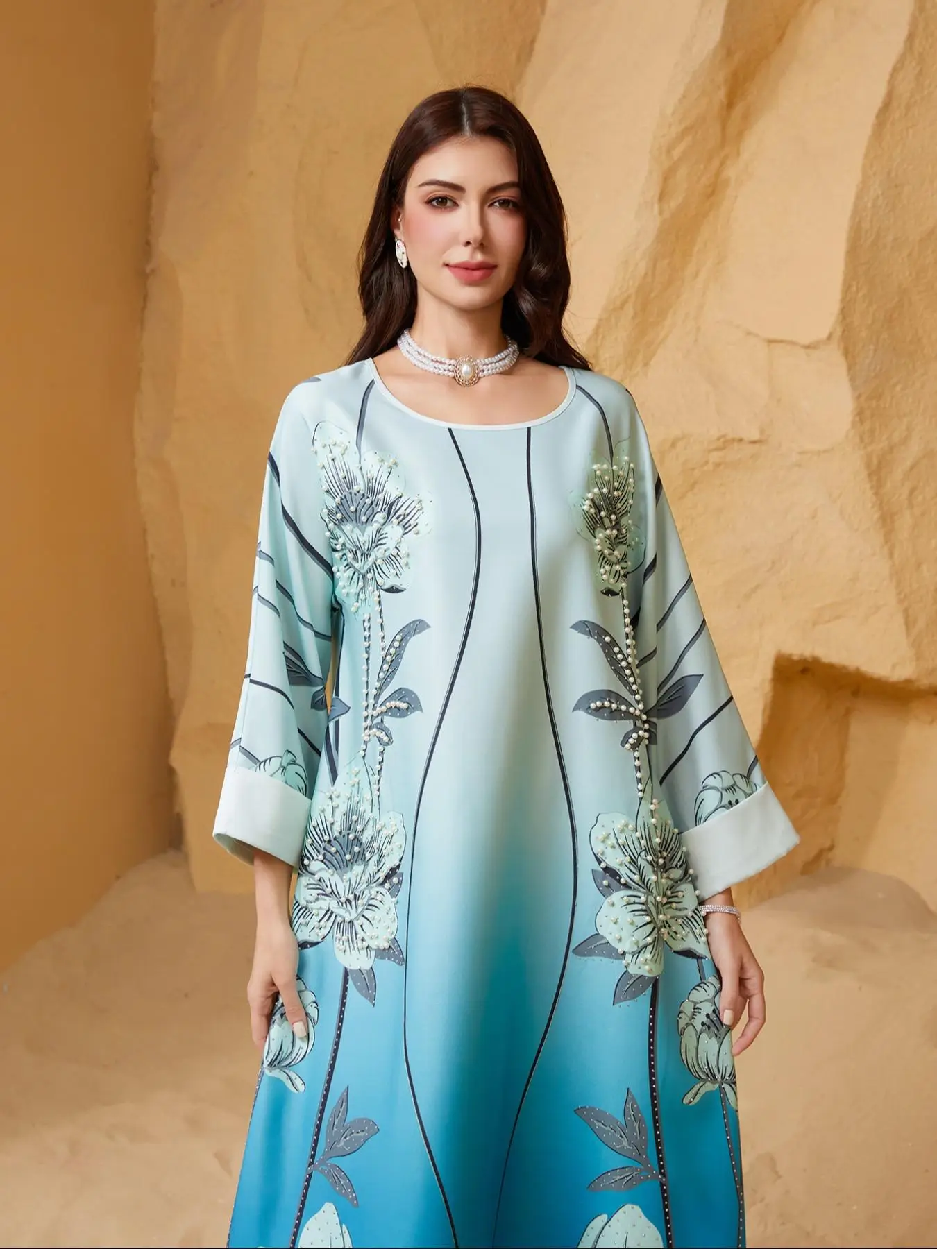 Women's Floral Print Sequins Decor Arabian Dress, Elegant Round Neck Dress for Party Wedding Guest, Ladies Islamic Clothing for All Seasons